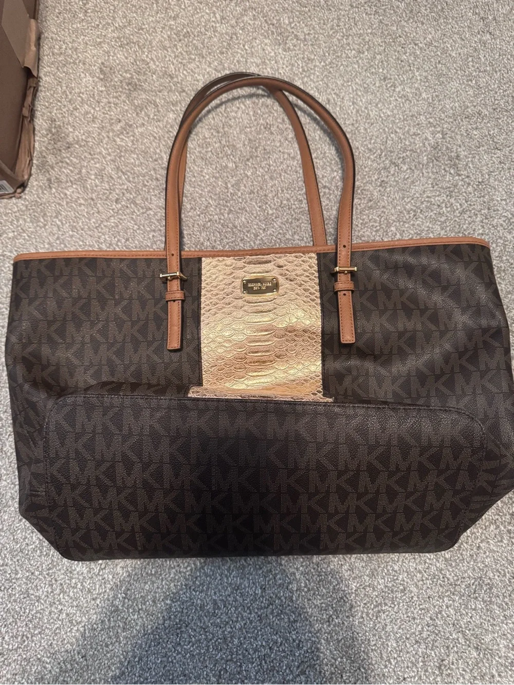 Michael Kors Dark Brown Monogram Tote with Gold Accent